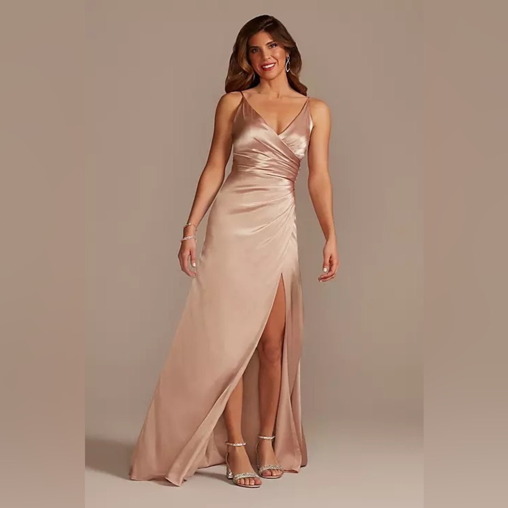 David’s Bridal Charmeuse Draped Strappy Dress in Sand